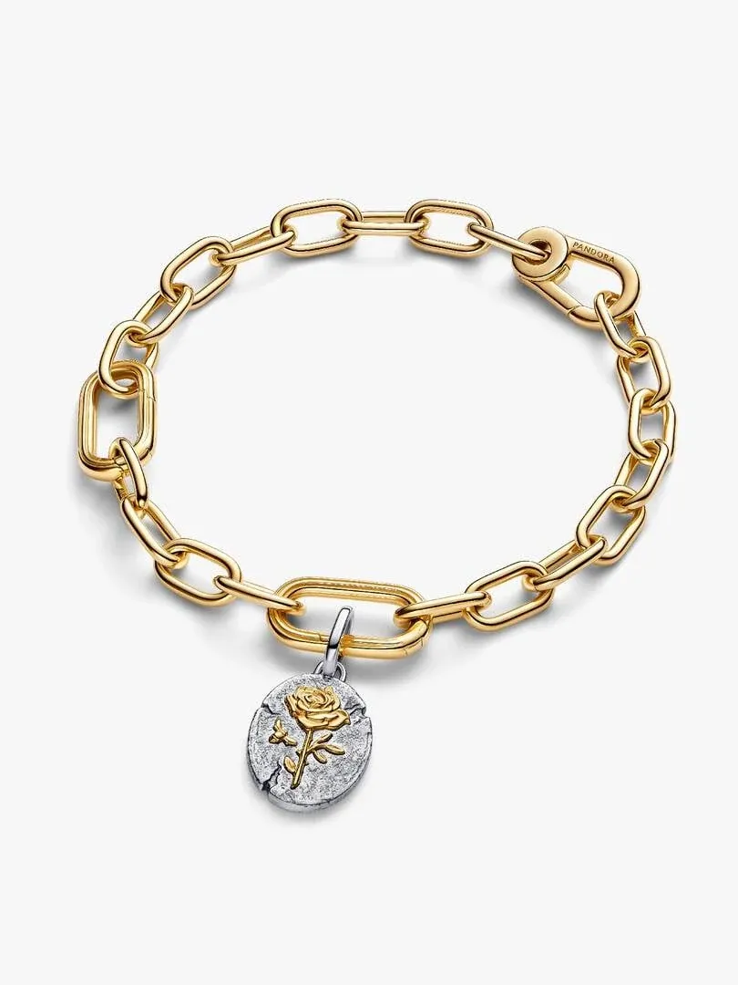 Gold link bracelet with rose medallion charm, front view on a white background.