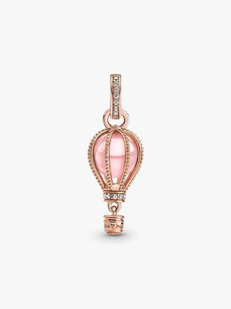 Rose gold hot air balloon charm with pink crystal, full front view on a white background.
