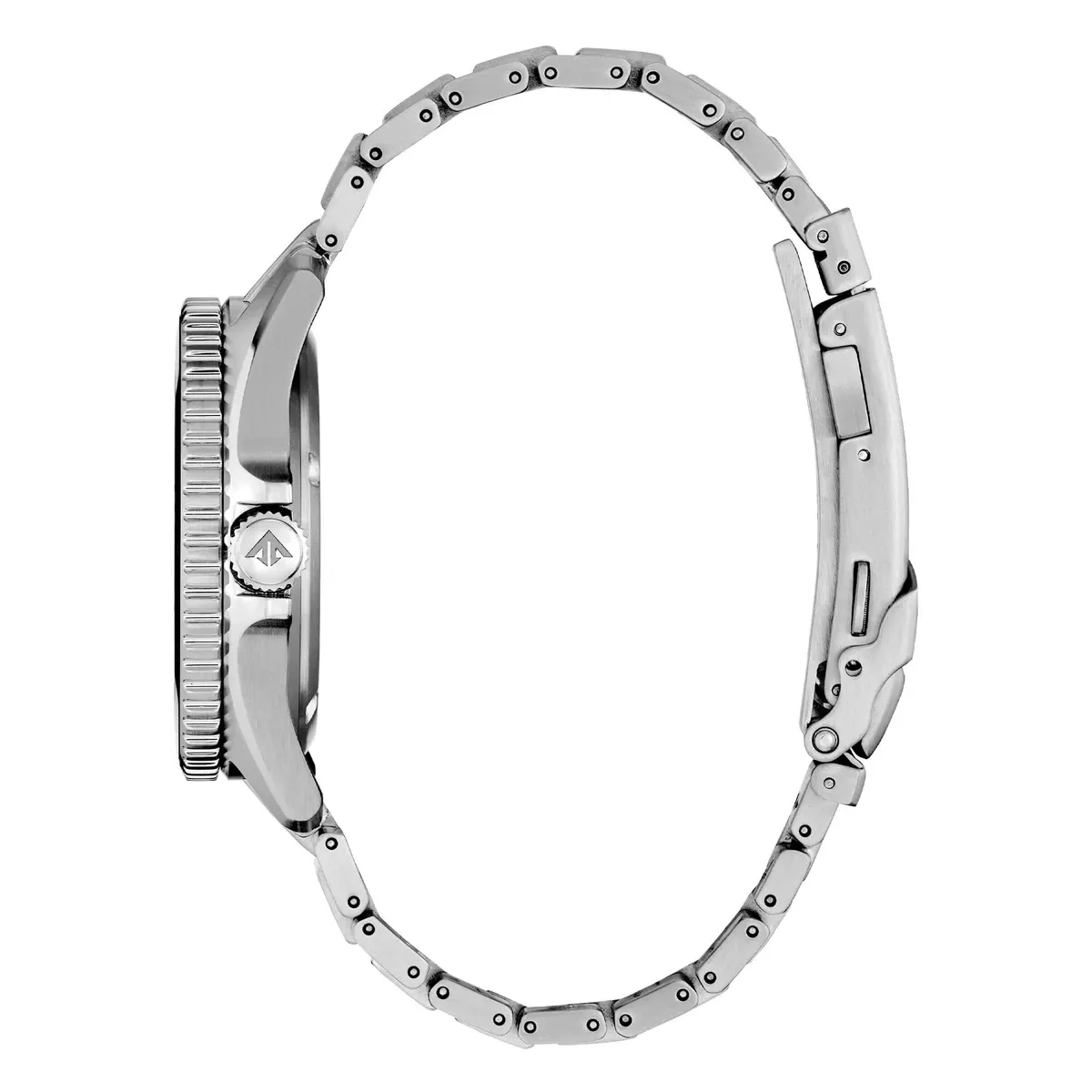 Vista de perfil lateral del reloj y brazalete de acero sobre fondo blanco