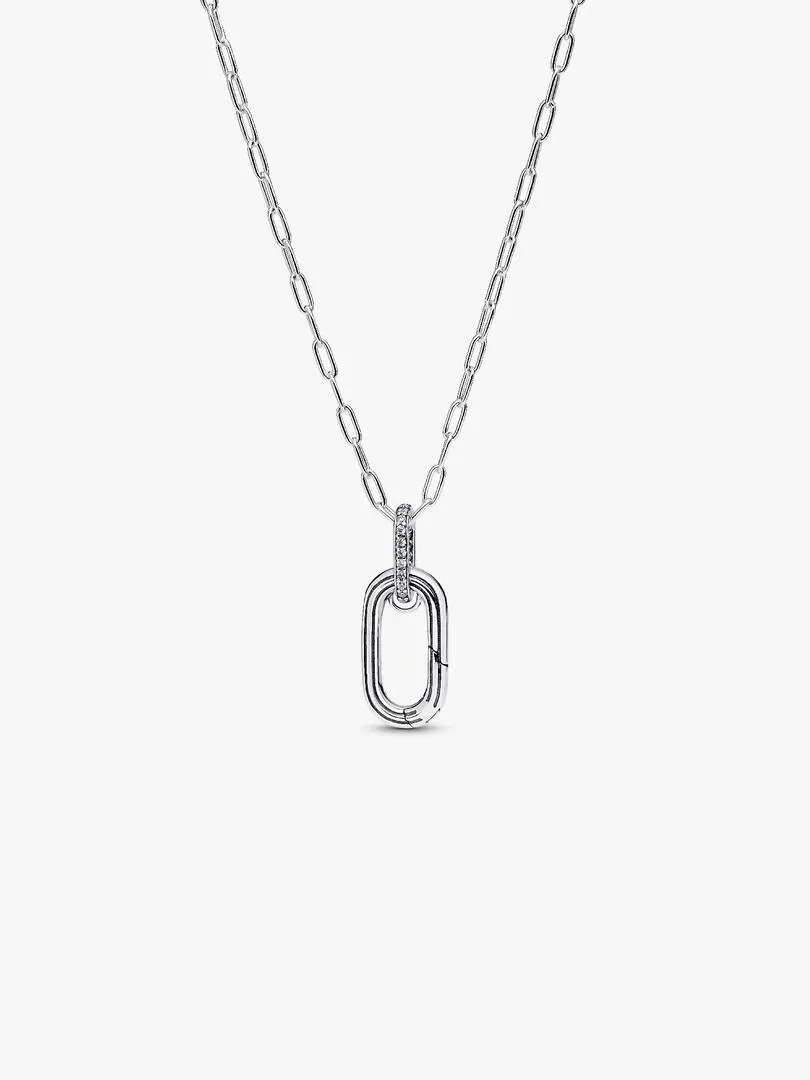 Silver link necklace with open rectangular pendant, front view on white background.
