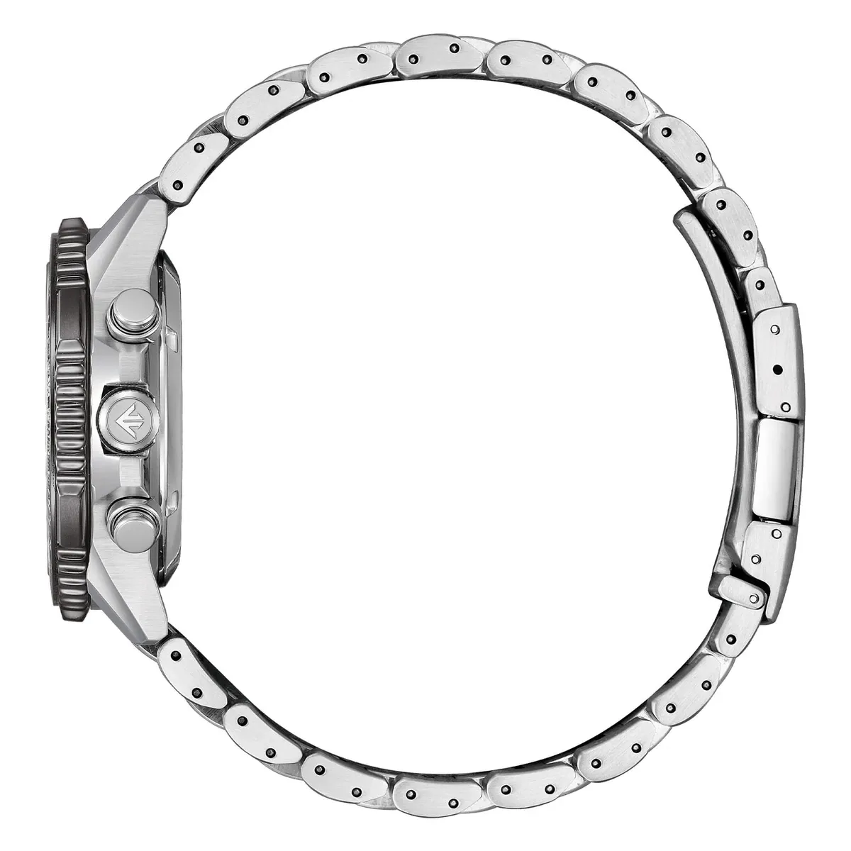 Vista de perfil del reloj, detalle de la corona y pulsadores laterales, brazalete de acero, fondo blanco.