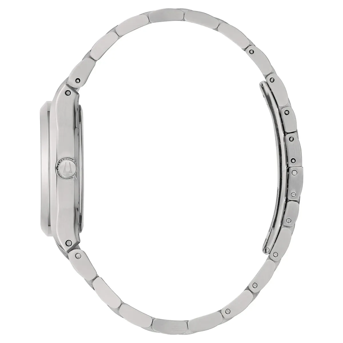 Vista de perfil del reloj de acero sobre fondo blanco, destacando la corona y la curvatura del brazalete.