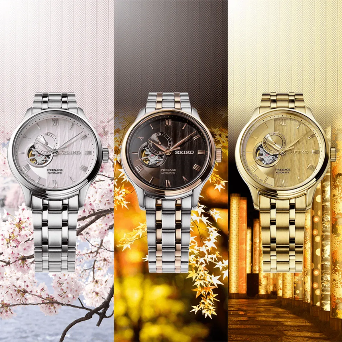 Composición de tres variantes del reloj en paneles verticales con fondos temáticos japoneses diferenciados.