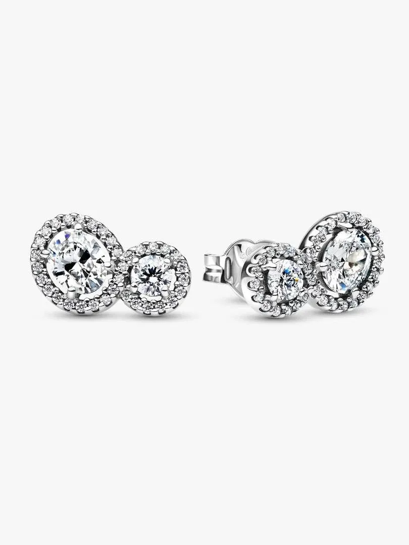 Front view of stud earrings on a white background, showing the oval and round stone design.