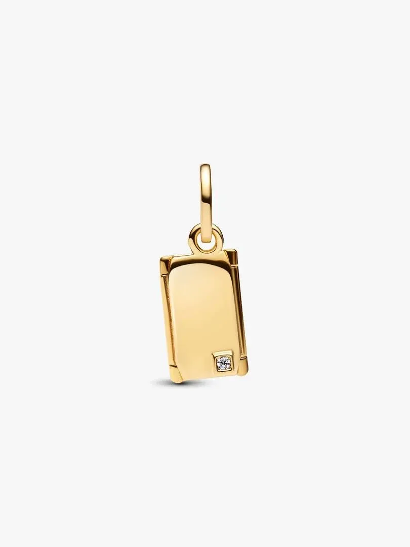 Gold envelope charm with a single cubic zirconia, front view on white background.