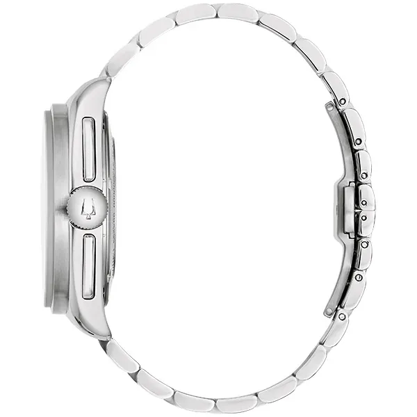 Vista de perfil del reloj y brazalete de acero sobre fondo blanco, destacando la corona y el grosor de la caja.
