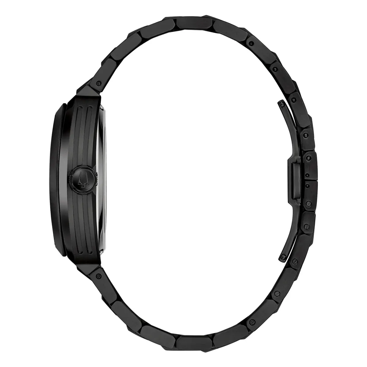 Vista lateral completa del reloj con caja y brazalete negros, fondo blanco
