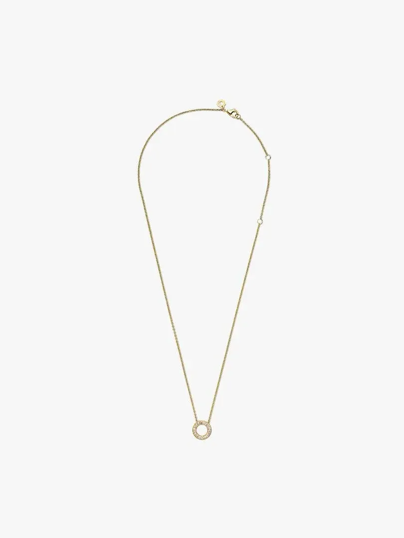 Full view of necklace with pavé circle pendant on a white background.