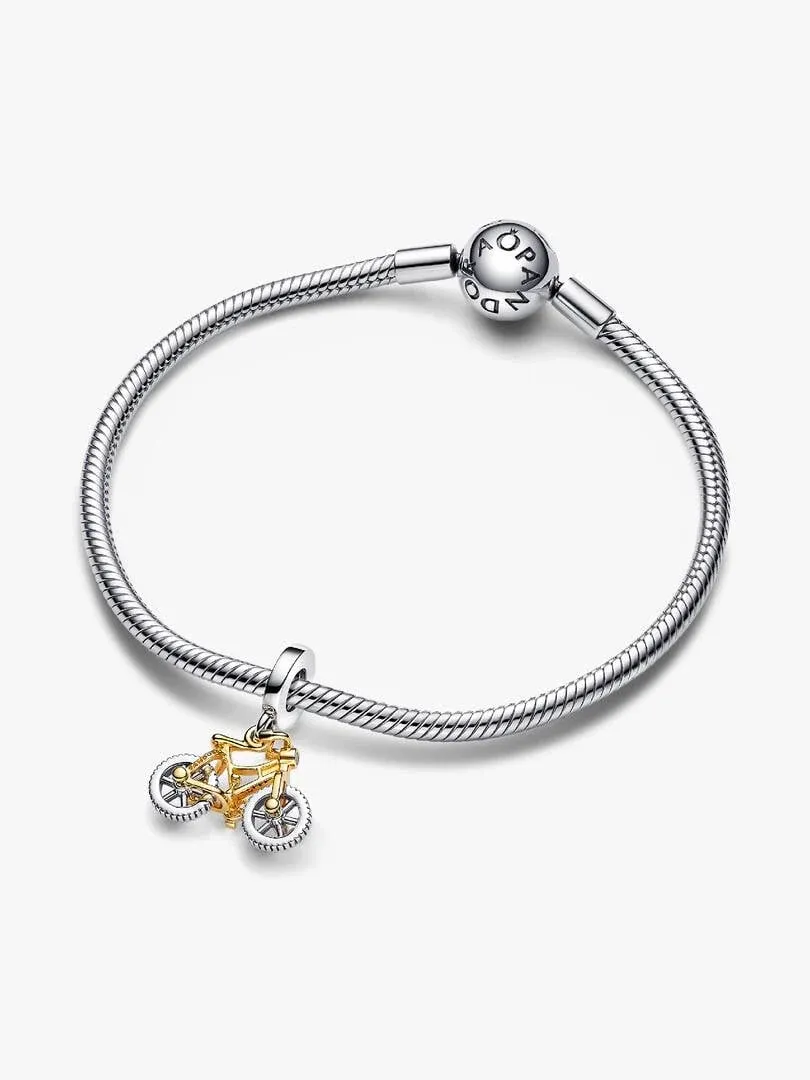 Twee-kleurige fiets charm aan een zilveren armband, vooraanzicht op witte achtergrond.