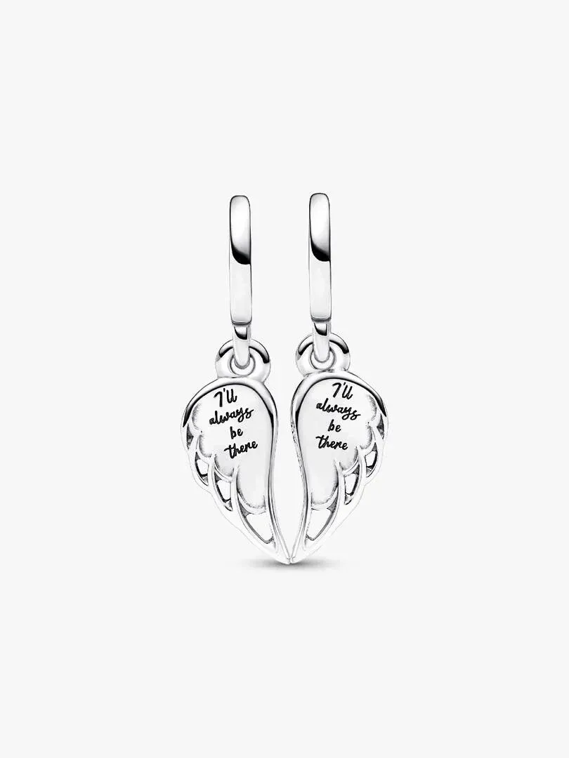 Vue frontale des deux ailes en argent séparées, fond blanc, montrant l'inscription gravée.