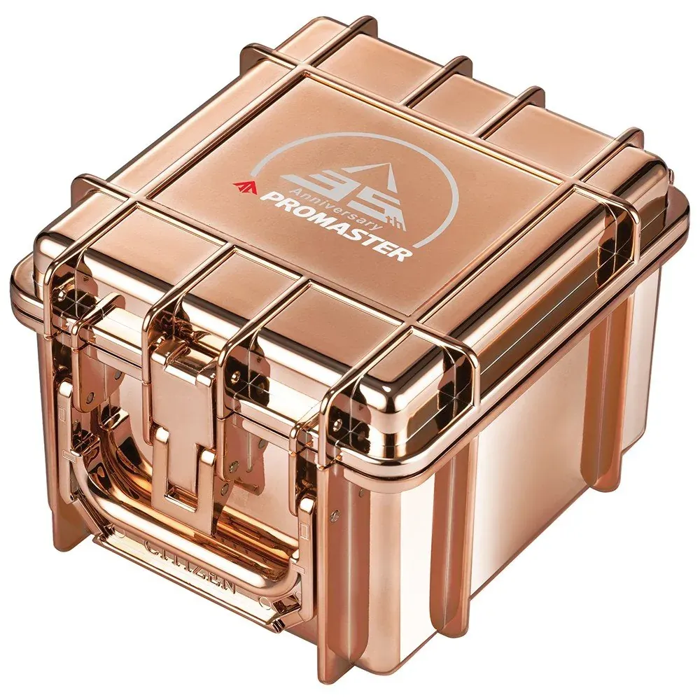 Estuche metálico en tono oro rosa visto en perspectiva sobre fondo blanco, con logotipo de Promaster en la tapa.