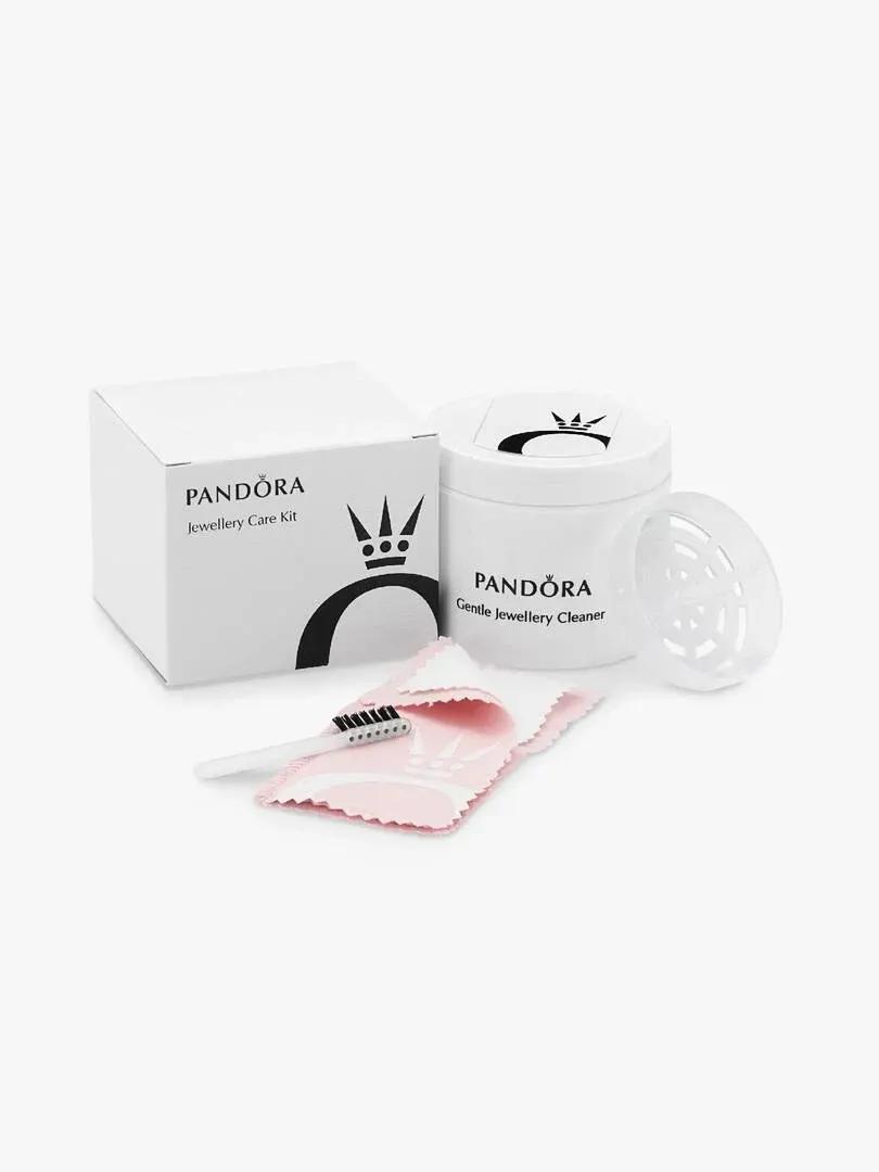 Kit de limpieza compuesto por caja, bote de solución, cepillo y paño rosa sobre fondo blanco.