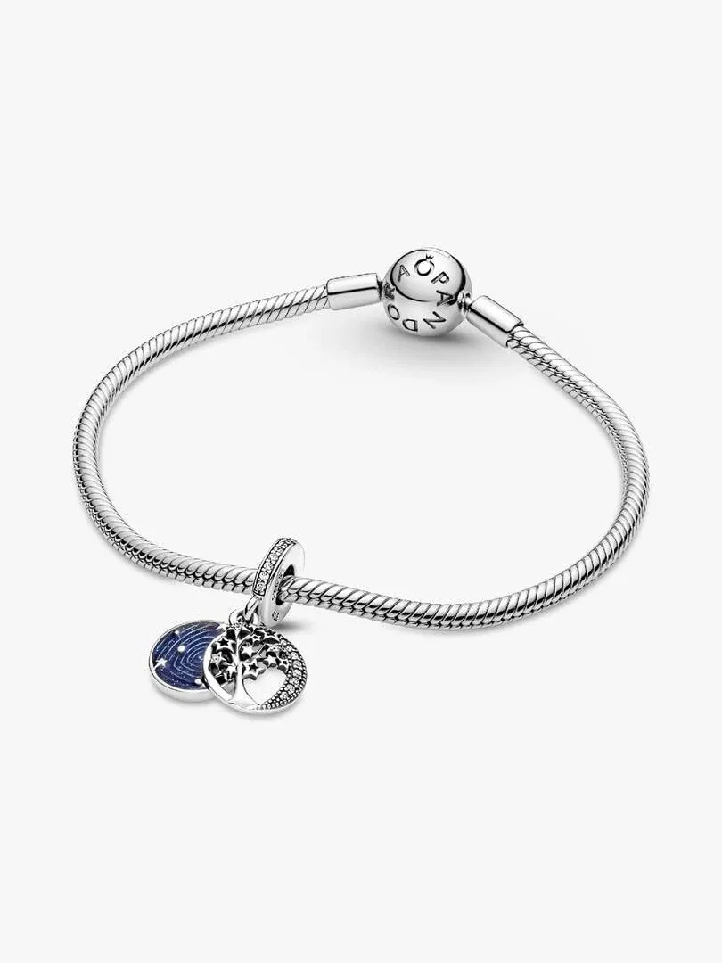 Pulsera de plata con charms colgantes, vista frontal sobre fondo blanco.