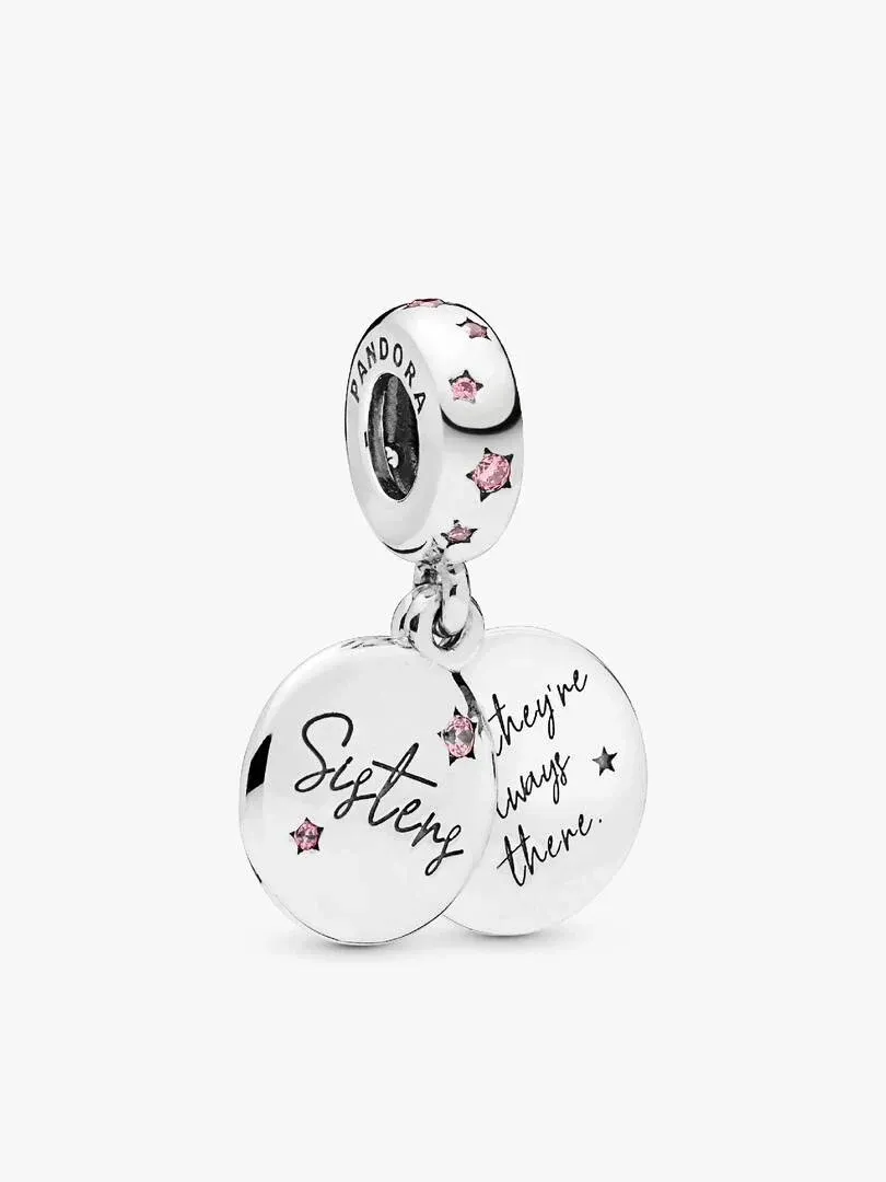 Silver dangle charm with engravings and pink cubic zirconia, front view on white background.