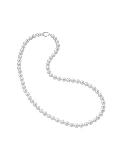 Pearl necklace arranged in an S-shape on a white background, top view showing the clasp.