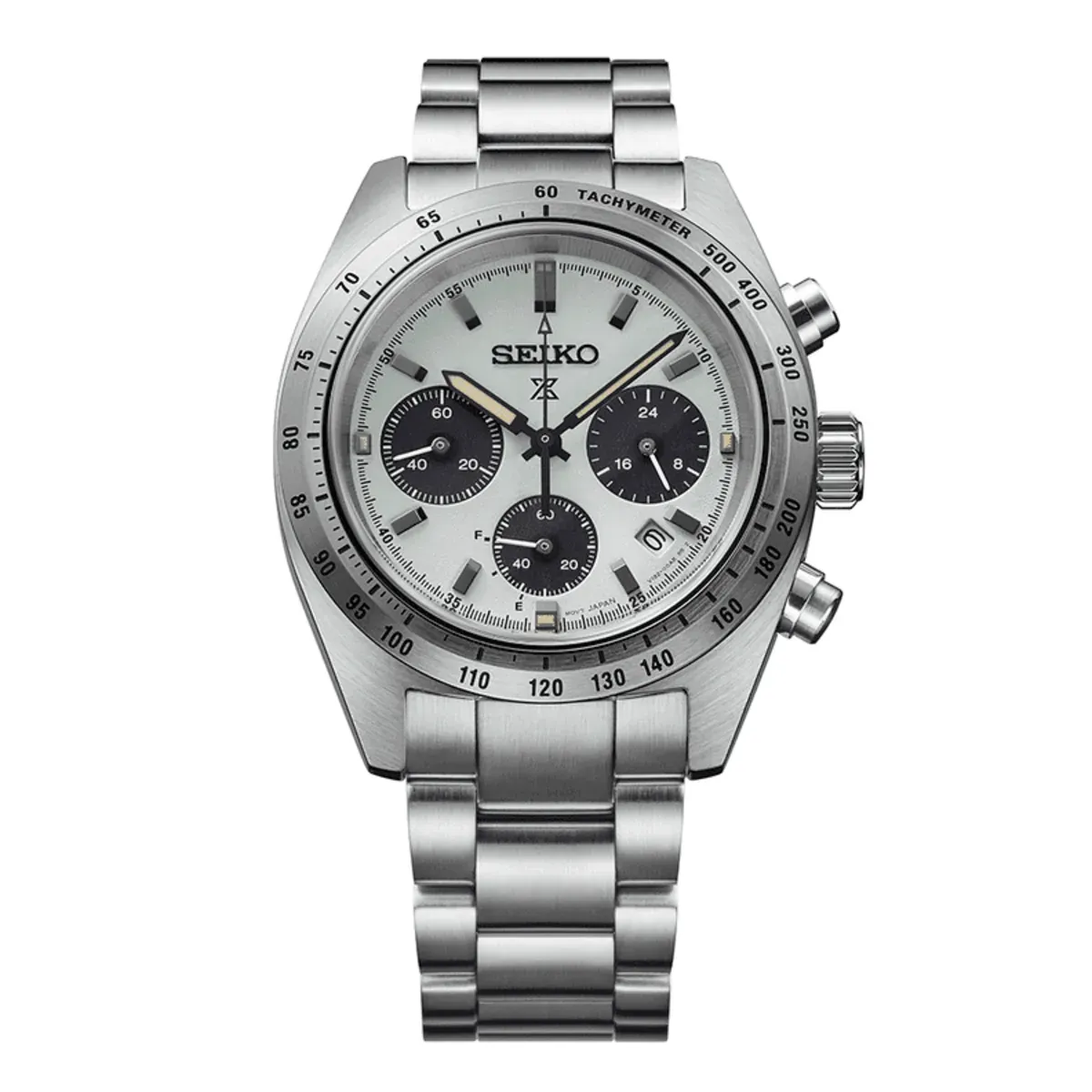 Vista frontal completa del reloj con esfera blanca y brazalete de acero sobre fondo blanco.