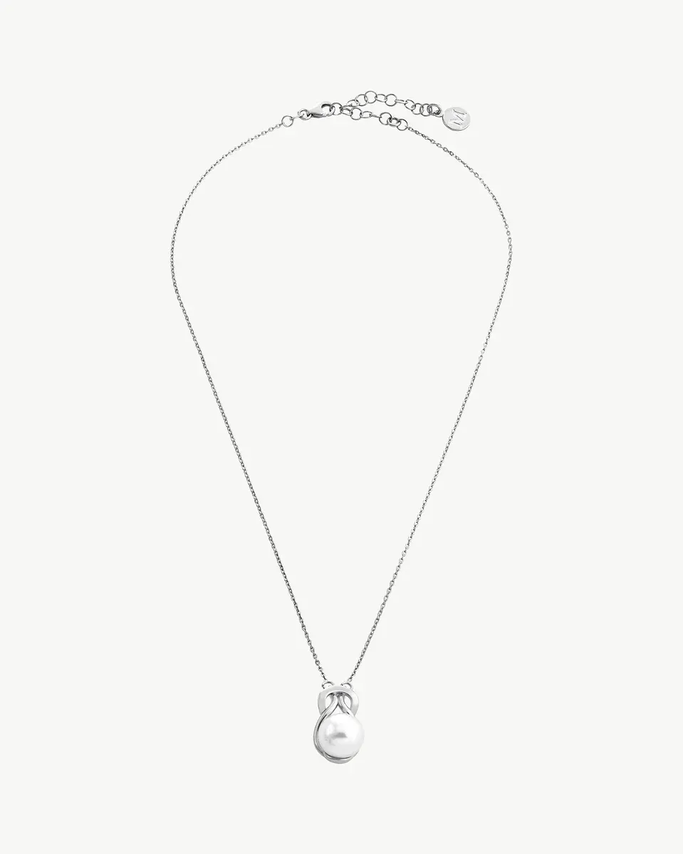 Silver necklace with white pearl, full frontal view on a pure white background.