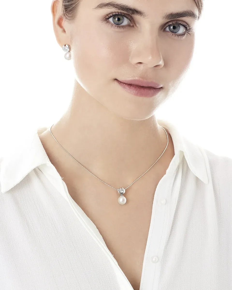 Gros plan d'un mannequin portant le collier en perles et boucles d'oreilles assorties, sur chemise blanche.