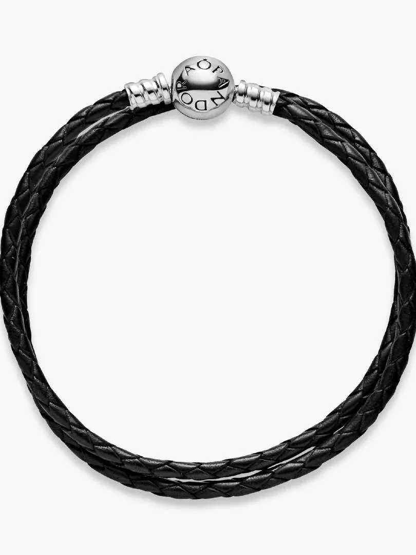 Pulsera de cuero trenzado negro con cierre de bola de plata, vista frontal sobre fondo blanco.