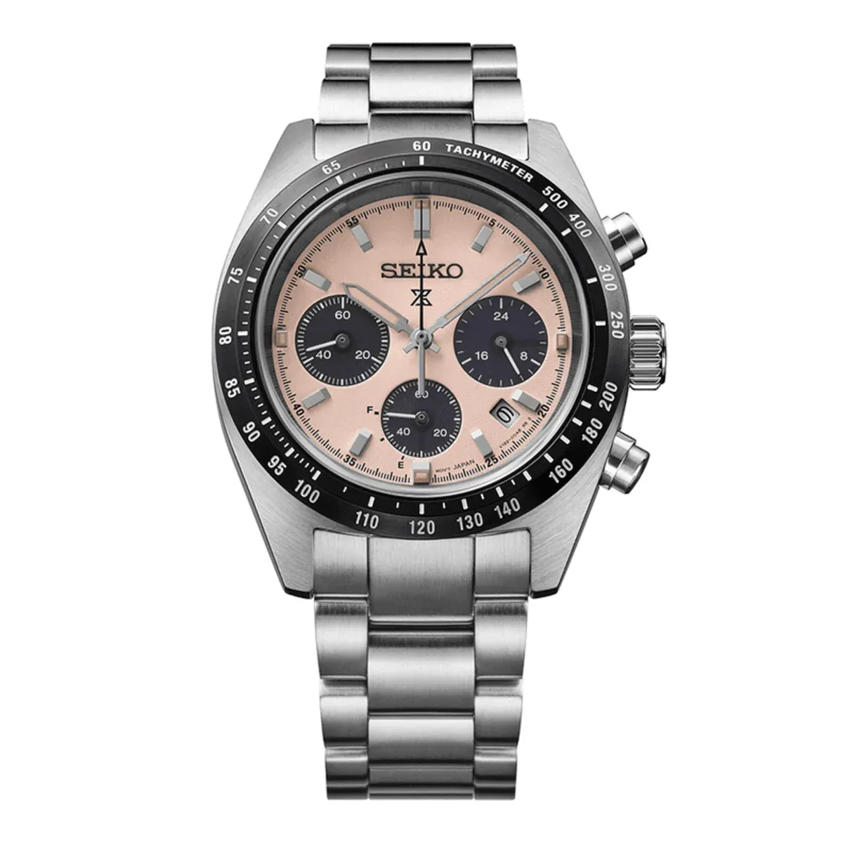 Vista frontal completa del reloj con esfera rosa y brazalete de acero, fondo blanco.