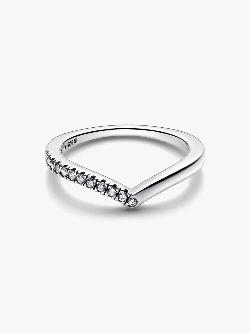 Silver ring with cubic zirconia shown from a side angle on a white background.