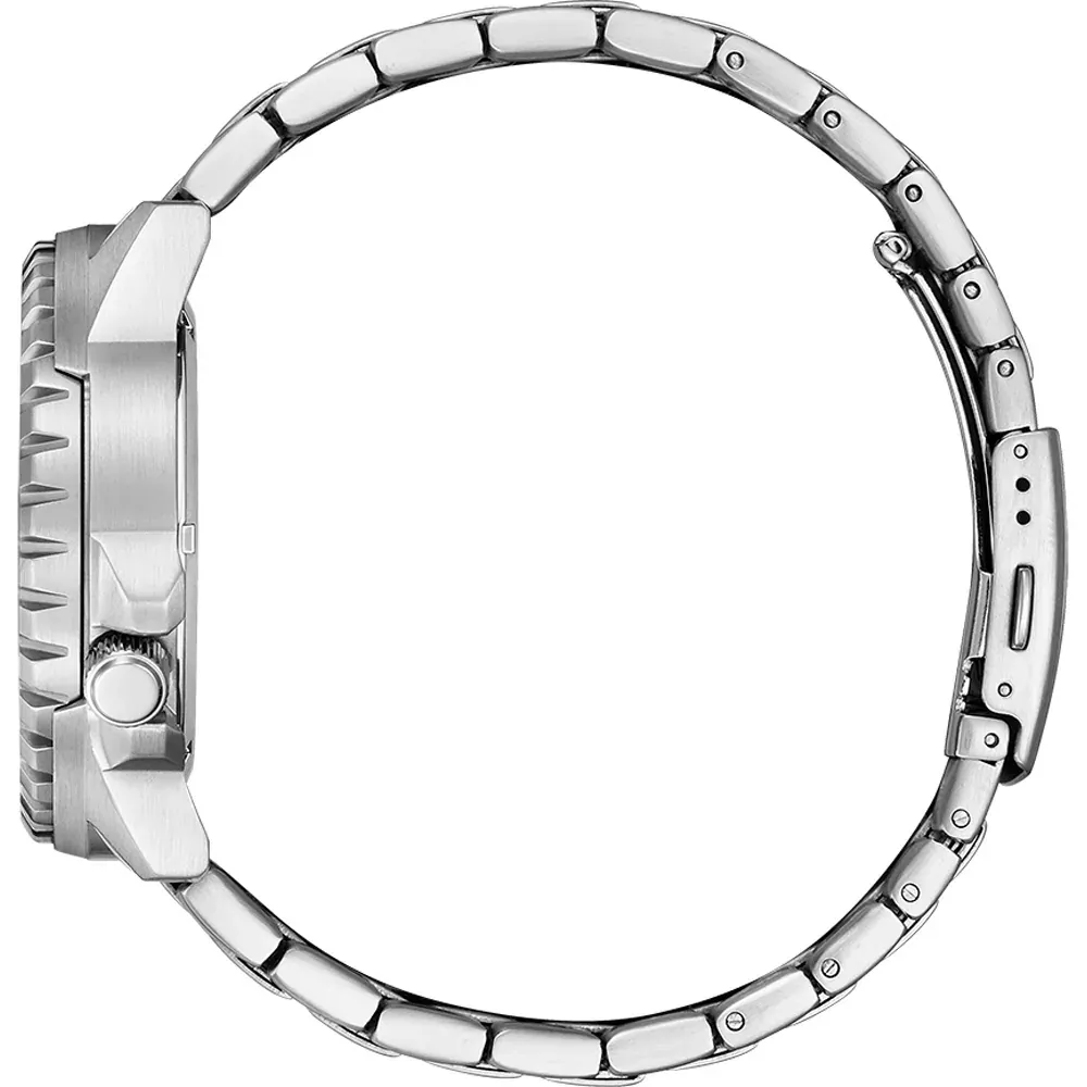 Perfil lateral del reloj sobre fondo blanco, destacando la corona y la curvatura del brazalete de acero.