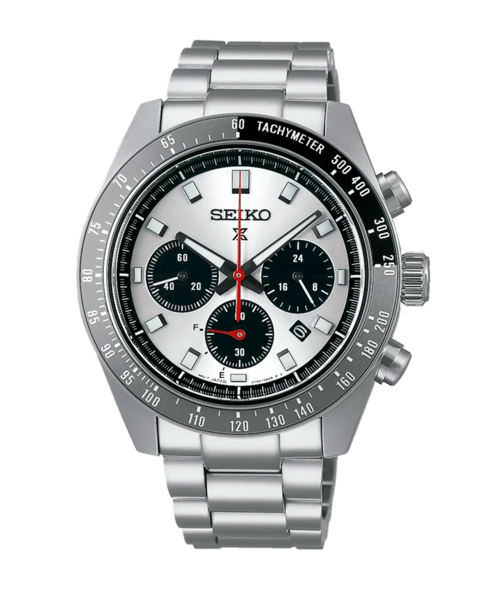 Vista frontal completa del reloj con brazalete de acero y esfera plateada sobre fondo blanco