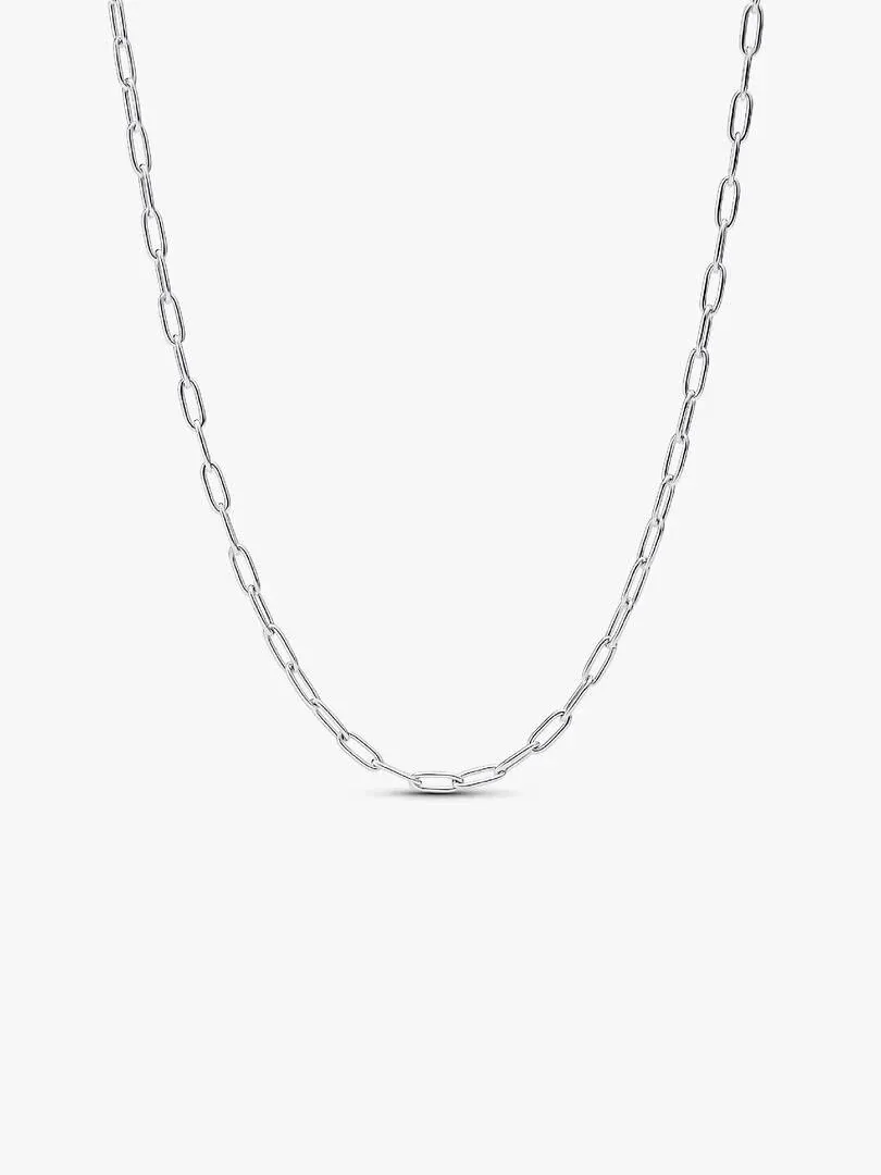 Silver link necklace arranged in a U-shape on a white background, full frontal view.