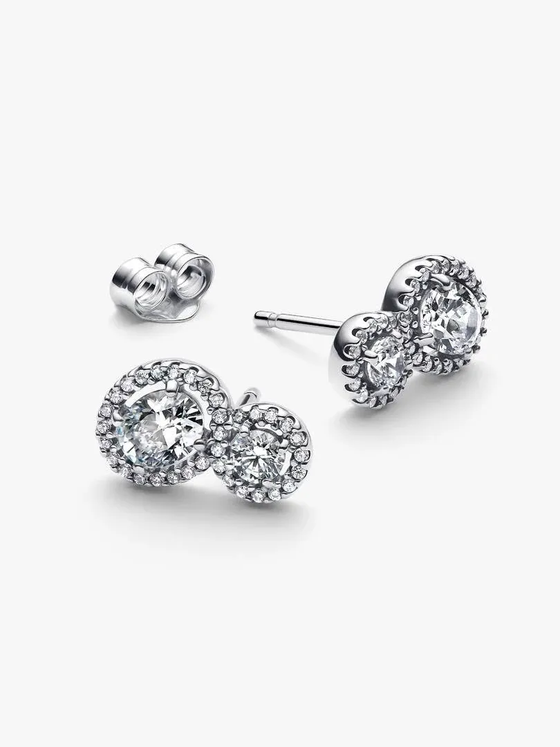 Front view of stud earrings on a white background, highlighting the pavé setting and cubic zirconia.