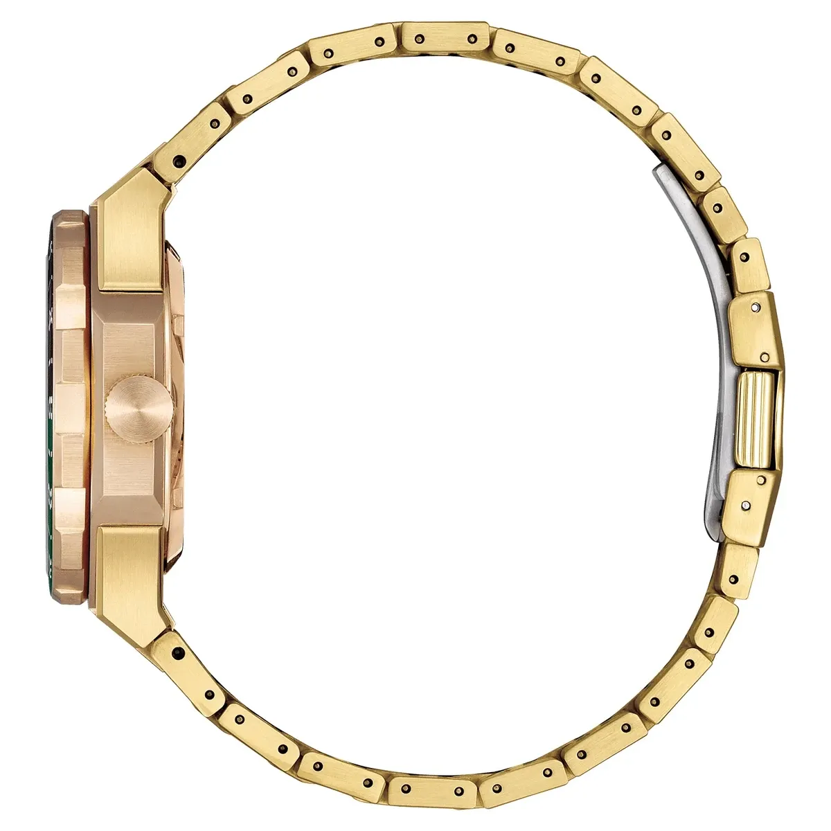 Vista de perfil del reloj con brazalete dorado dispuesto en círculo sobre fondo blanco.