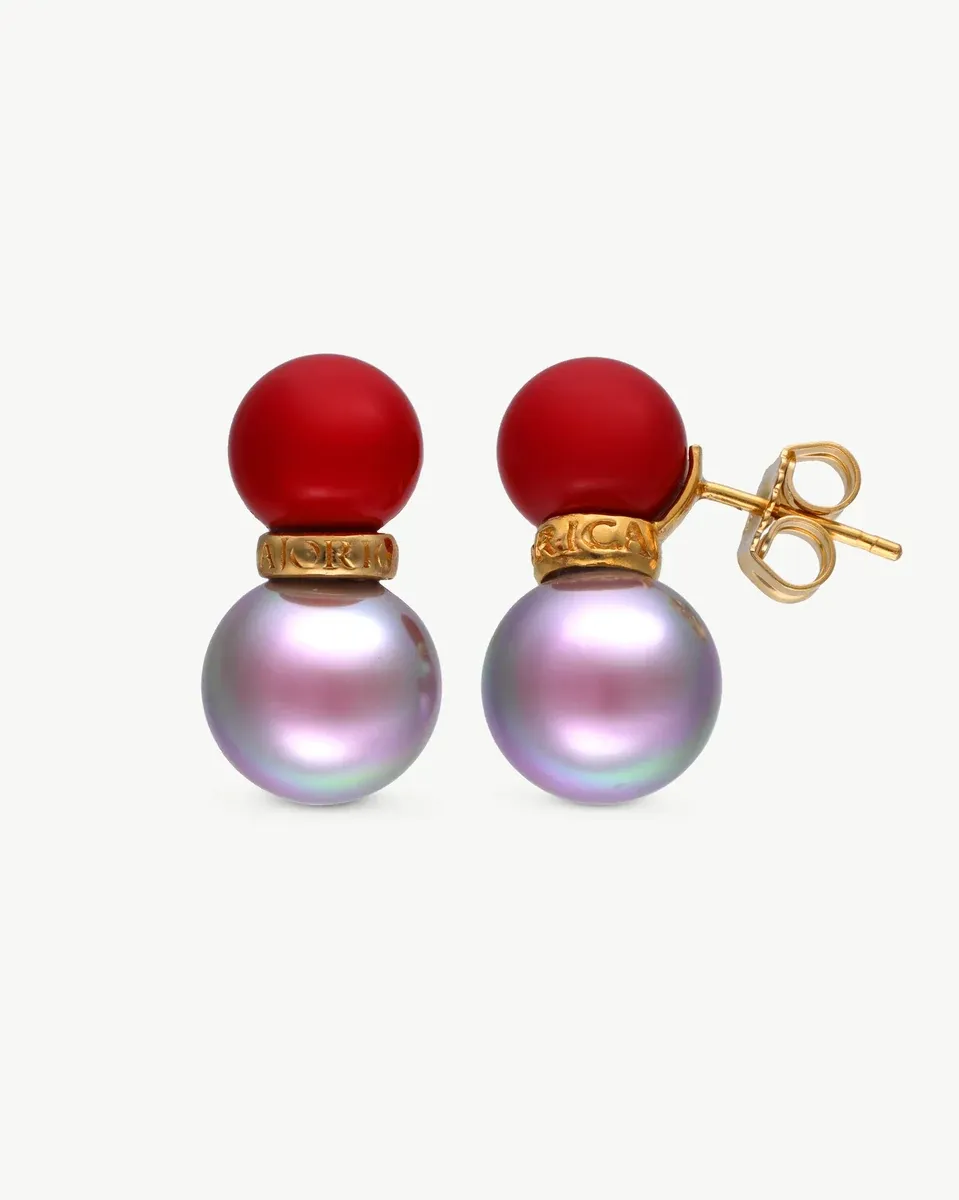 Front view of red and nuage pearl earrings on a white background, showing the butterfly clutch.