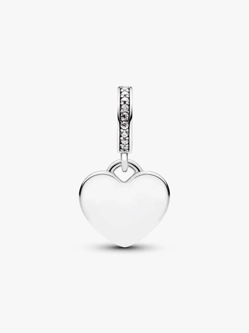 Front view of silver heart charm with cubic zirconia set bail on a white background.