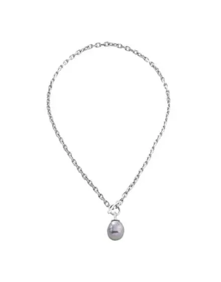 Fine chain necklace with grey pearl pendant, full front view on a white background.