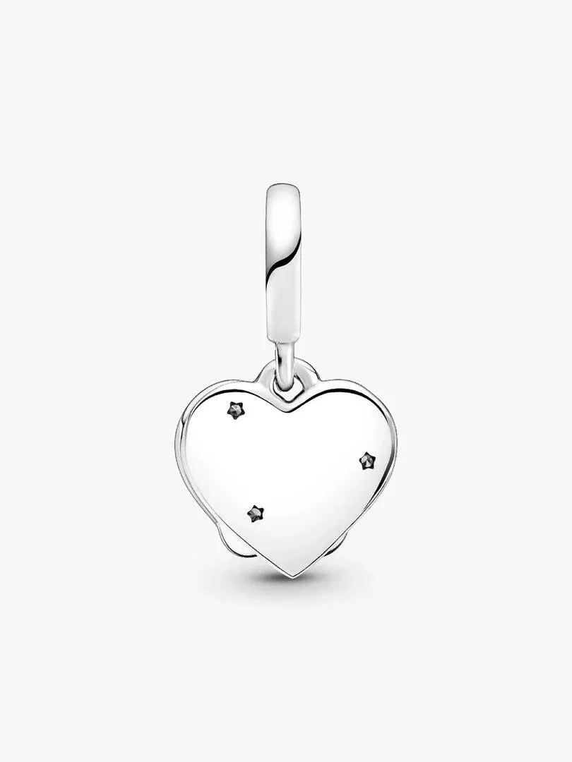 Front view of the silver heart charm on a white background, showcasing cubic zirconia details.