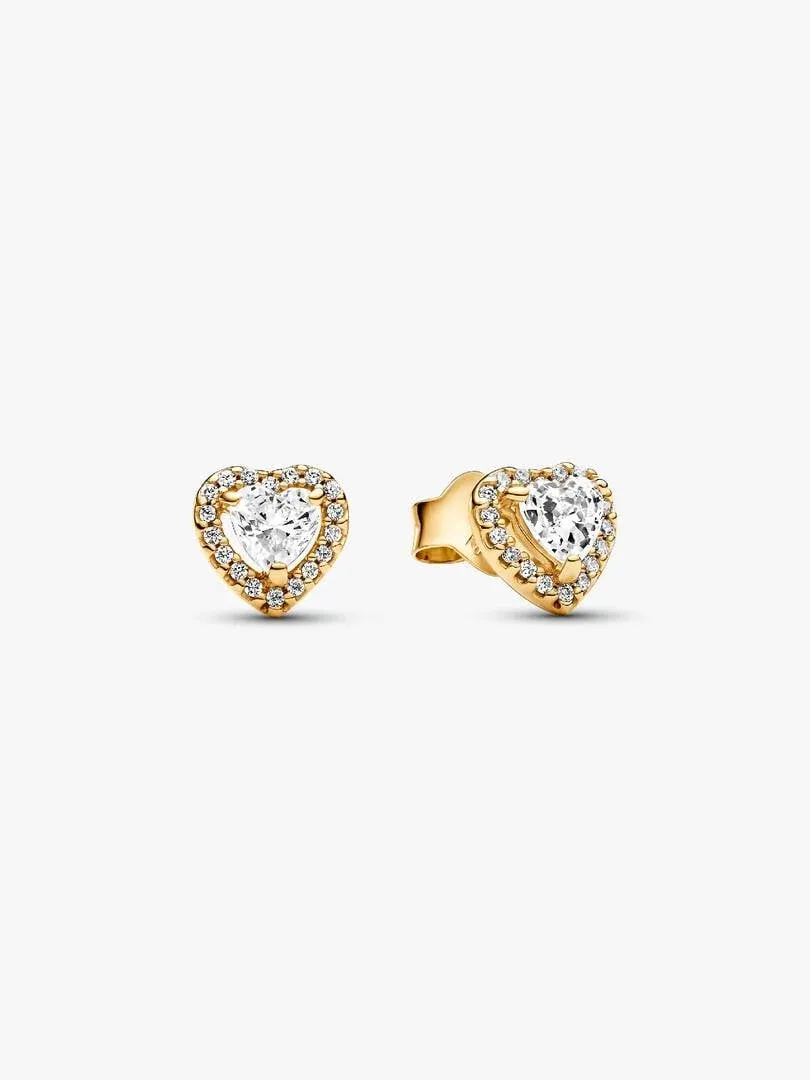 Pair of heart-shaped stud earrings with cubic zirconia halo, front view on white background.