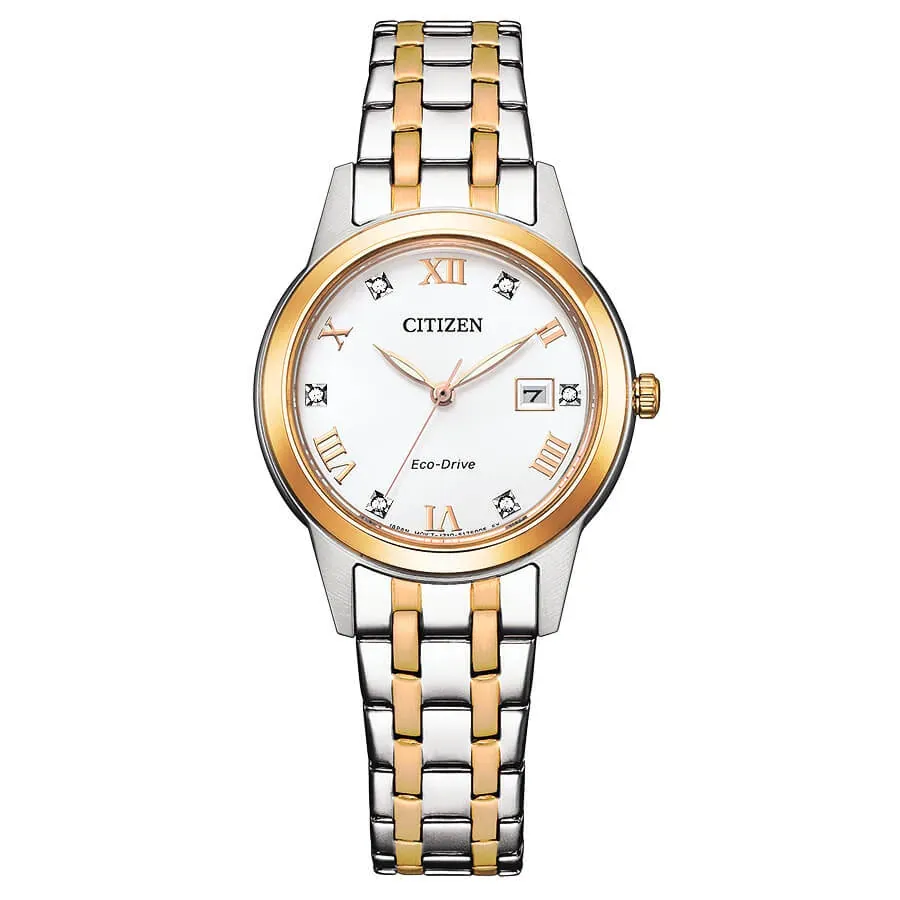 Vista frontal completa de reloj bicolor acero y oro con esfera blanca, fondo blanco.