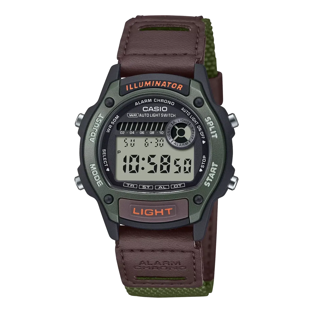 Vista frontal completa del reloj digital con caja verde oliva y correa de piel marrón sobre fondo blanco.