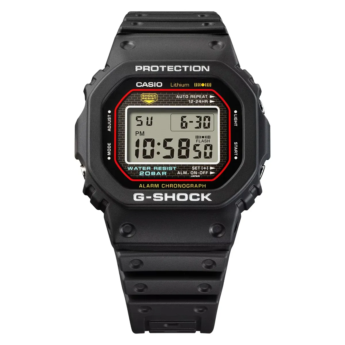 Vista frontal completa del reloj G-Shock negro sobre fondo blanco, centrado.