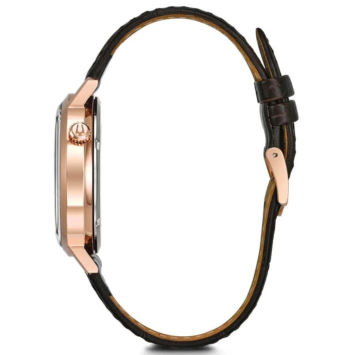 Side profile view of the watch, highlighting the crown and leather strap, on a white background.