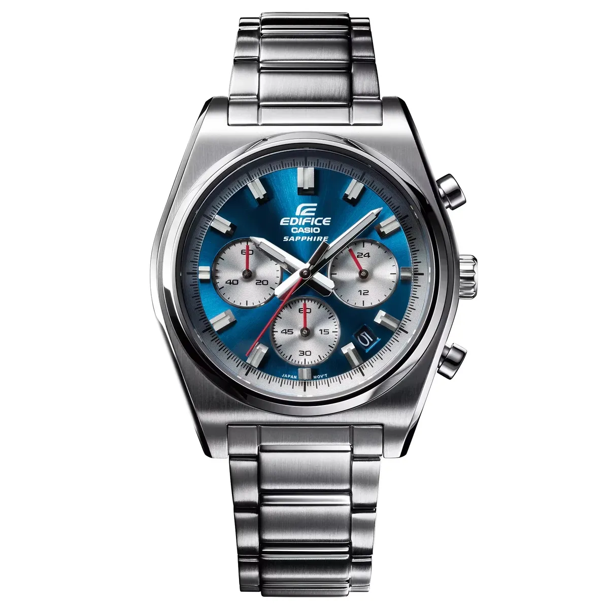 Vista frontal completa del reloj con esfera azul y brazalete de acero inoxidable sobre fondo blanco.