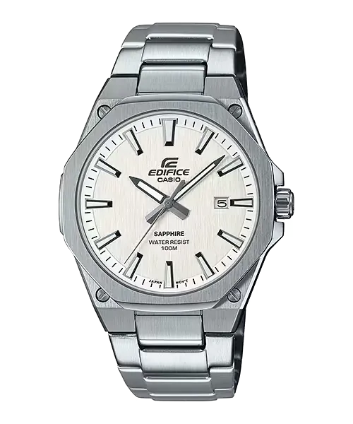 Vista frontal completa del reloj con esfera blanca y bisel octogonal, fondo blanco.