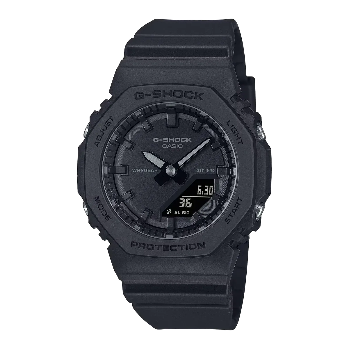 Vista frontal completa del reloj en color negro mate, centrado sobre fondo blanco.