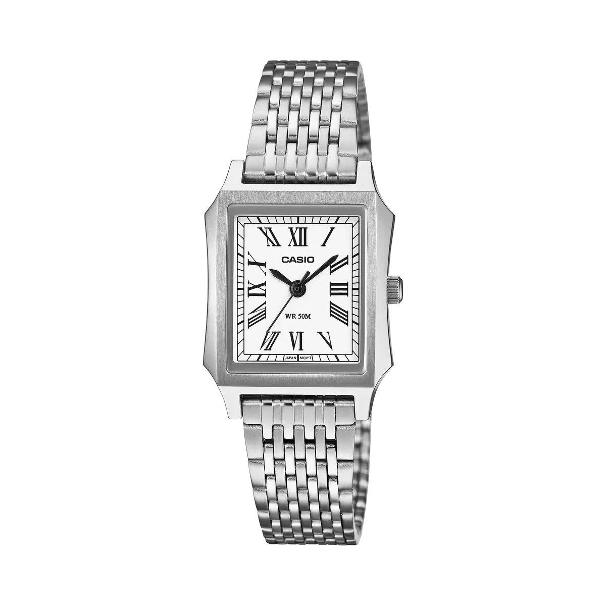 Vista frontal completa del reloj con brazalete de acero sobre fondo blanco.