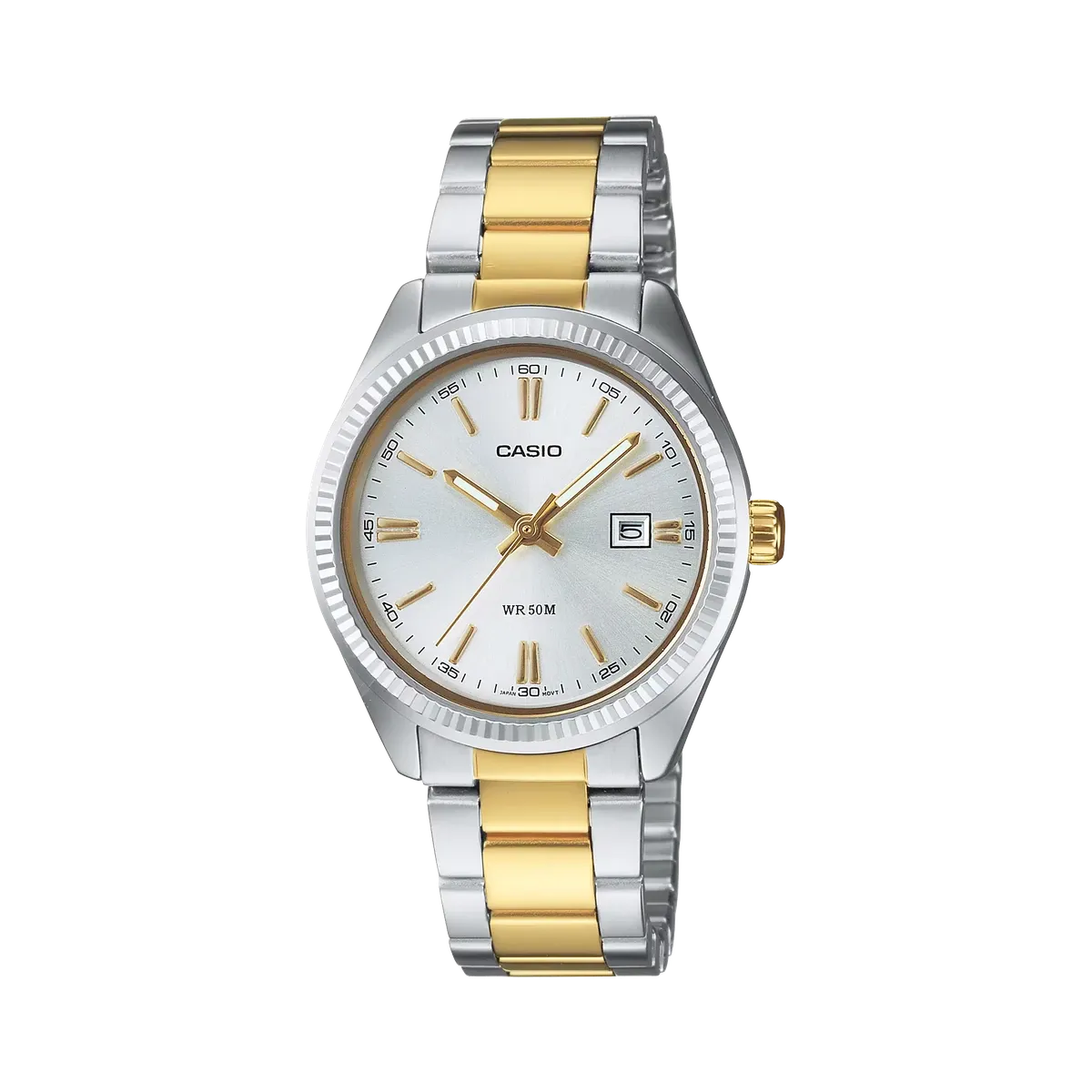 Vista frontal completa del reloj con brazalete bicolor plata y oro sobre fondo blanco.