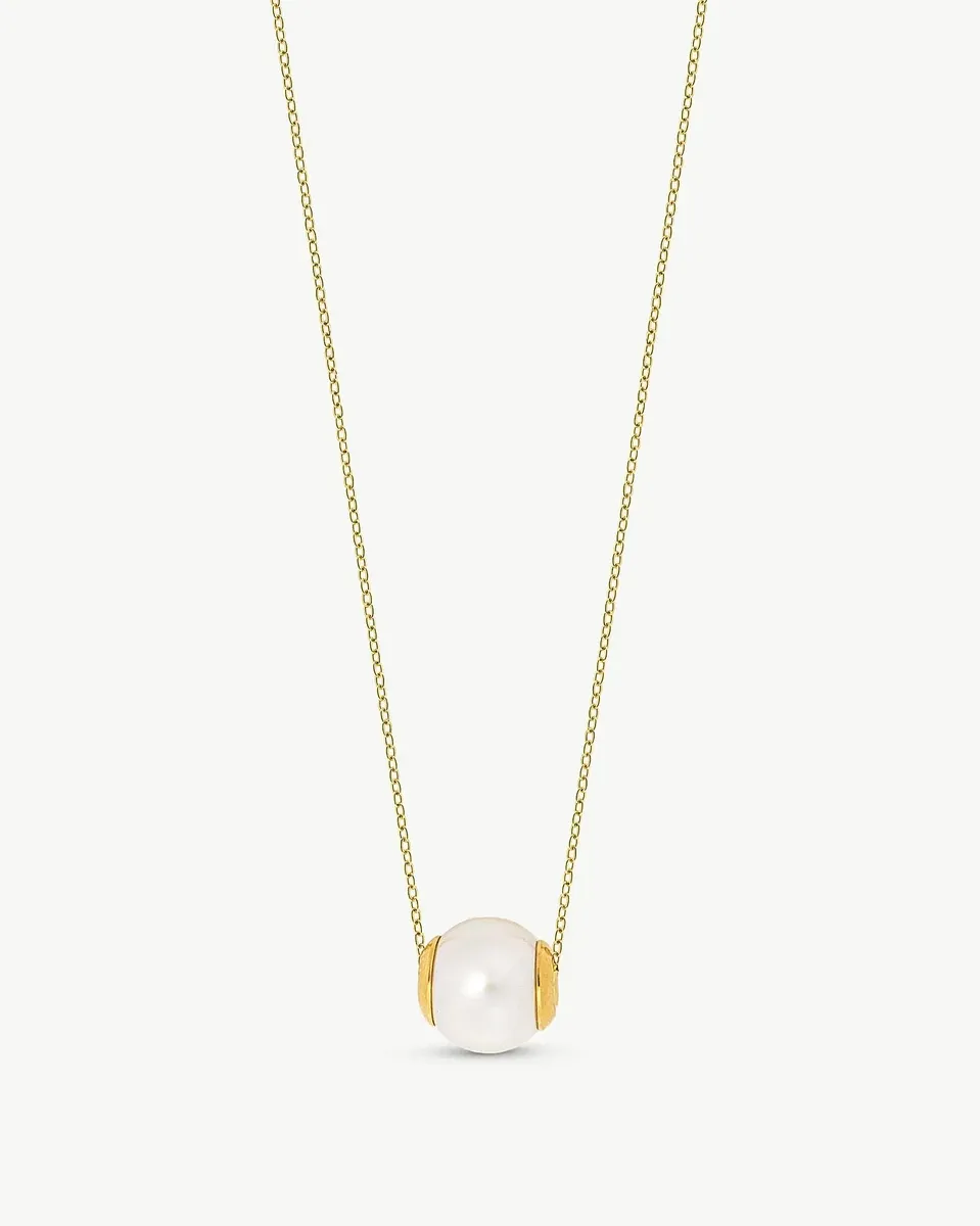 Ketting met centrale parel op witte achtergrond, vooraanzicht van de ketting en hanger.