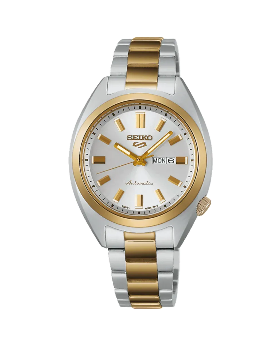 Vista frontal completa del reloj sobre fondo blanco, encuadre centrado con brazalete bicolor.