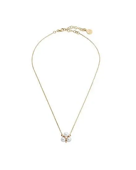Collar de cadena fina con tres perlas blancas, vista frontal completa sobre fondo blanco.