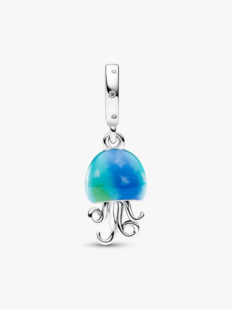 Jellyfish charm with blue enamel and silver tentacles, front view on a white background.