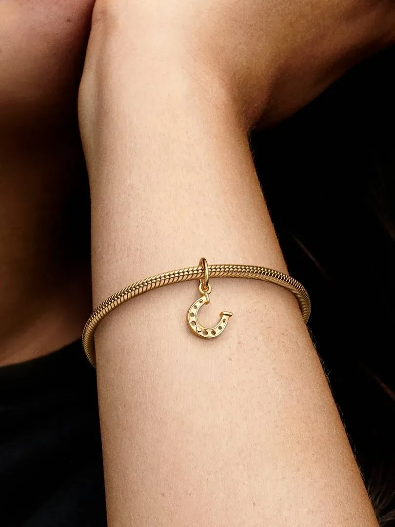 Nahaufnahme des Armbands mit dem goldenen Hufeisen-Charm am Handgelenk vor dunklem Hintergrund.