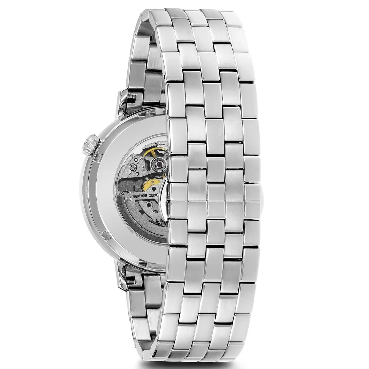 Vista posterior del reloj sobre fondo blanco, destacando el fondo visto transparente y el brazalete de acero.